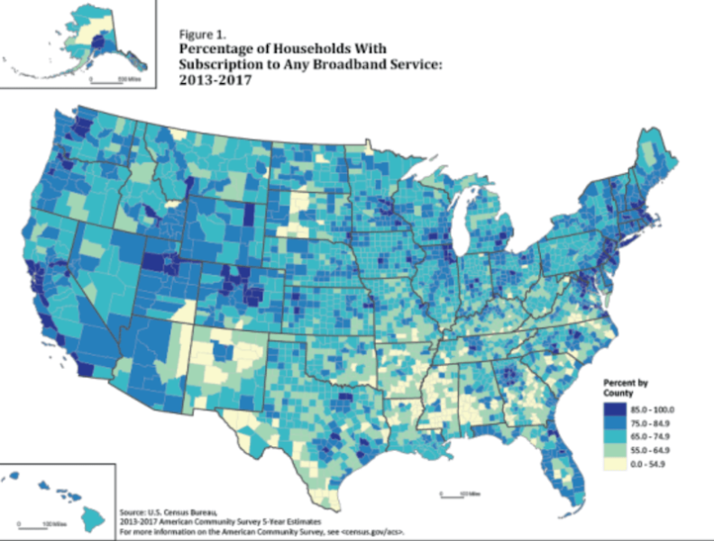US map showing density levels of households throughout the country with broadband internet access from 2013 - 2017