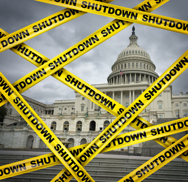 Picture of the Capitol building in Washington, DC with yellow tape draped over it in various directions that reads 'shutdown' depicting a partial government shutdown