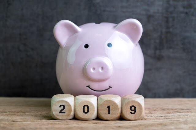 Pink piggy bank with a smiling face behind wooden blocks that read '2019' depicting a 2019 pay raise