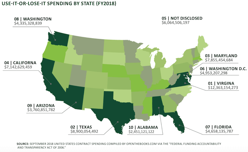 Map of the United States showing how much was spent in each state in September 2018 on the end of fiscal year, use-it-or-lose-it federal agency spending sprees