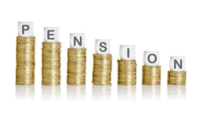 Vertical stacks of coins that get smaller as they go from left to right with the letters 'pension' sitting on top of the stacks depicting a shrinking pension or annuity/benefits cuts