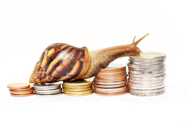 Image of a snail crawling across several stacks of coins against a white background that get gradually larger in size depicting a slow moving pay raise process