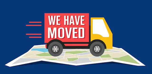 Illustration of a moving truck against a solid navy blue background with the words 'we have moved' written on the side as it appears to drive over a map icon