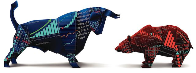 Illustration of a bull and bear squaring off against a solid white background depicting stock market volatility