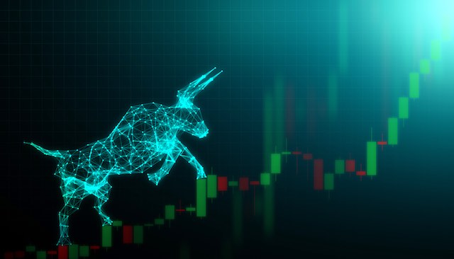 Digitized image of a bull running up a rising financial graph depicting a bull market