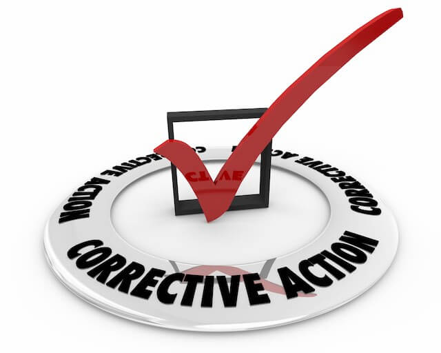 3D red checkmark in a box in the center of a circle labeled 'corrective action' depicting a need for process improvements