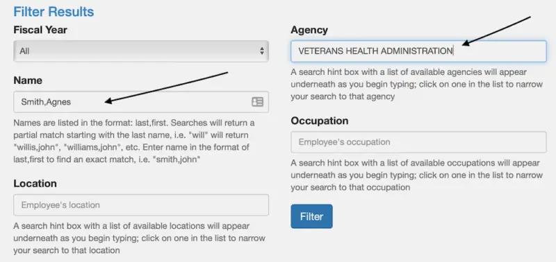 Screenshot showing the filter options for the federal employee salary search at FedsDataCenter.com with filters for name and agency filled out on the form