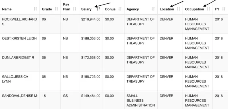 Screenshot showing search results of a search performed on the FedsDataCenter.com federal employee salary search for human resources management employees in Denver