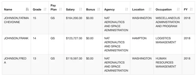 Screenshot showing the results of a search on the federal employee salary database at FedsDataCenter.com on the name 'Johnson' and for the NASA agency