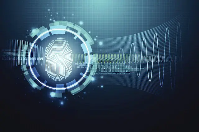 IT security concept illustration with a digitized fingerprint in a circle depicting background investigations/security clearance