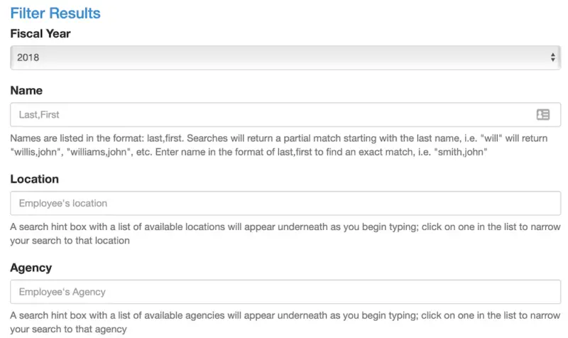 Screenshot showing the available filters for searching salary data on the FedsDataCenter.com federal employee salary search database