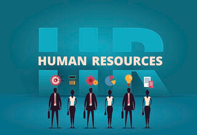 Illustration of a row of 6 illustrations of business people figures with the word 'human resources' in the background