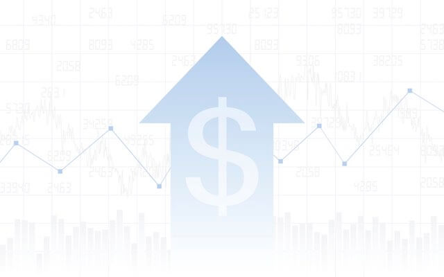 3D blue arrow with a dollar sign in the middle of it pointing up overlaid against a financial line graph depicting financial gains from a rising stock market