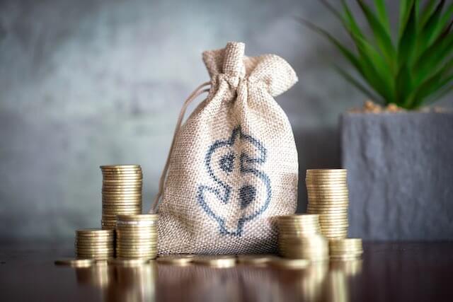 Burlap bag with a dollar sign on the front of it sitting on a table next to stacks of gold coins and a plant depicting retirement savings/wealth/cash