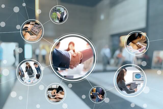 Various human resources related images in circles in a digital concept of workplace activities