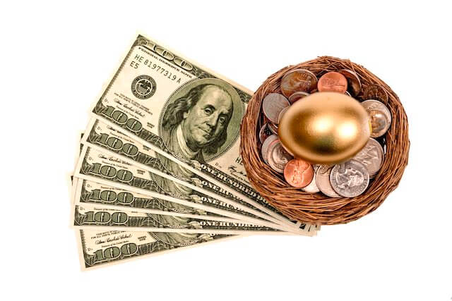 Spread of $100 bills and a bird's nest filled with coins and a golden egg against a solid white background comprising one's retirement nest egg