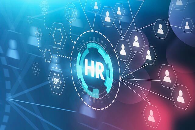 Letters 'HR' in a circle with connecting lines to icons of people scattered around it depicting a human resources/human capital network