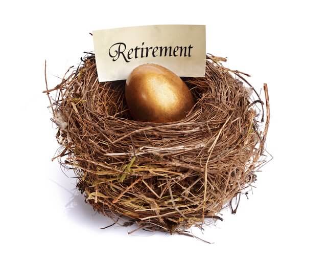 Bird's nest with a golden egg in it labeled 'retirement' depicting retirement savings/retirement nest egg