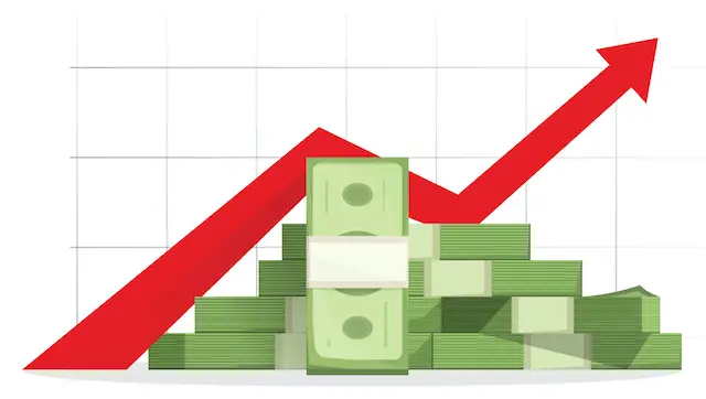 Illustration of a red arrow trending upwards over a pile of cash