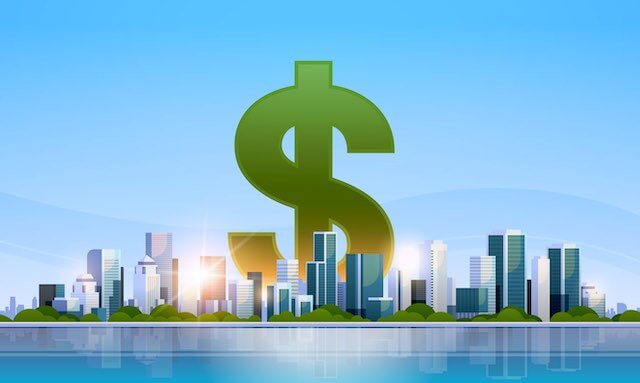 General Schedule Locality Pay: Illustration of a 3D dollar sign pictured behind a city skyline