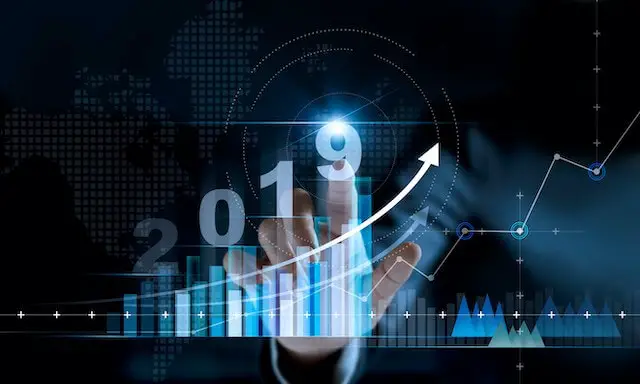 Rising bar chart showing positive financial gains with the numbers '2019' displayed above it