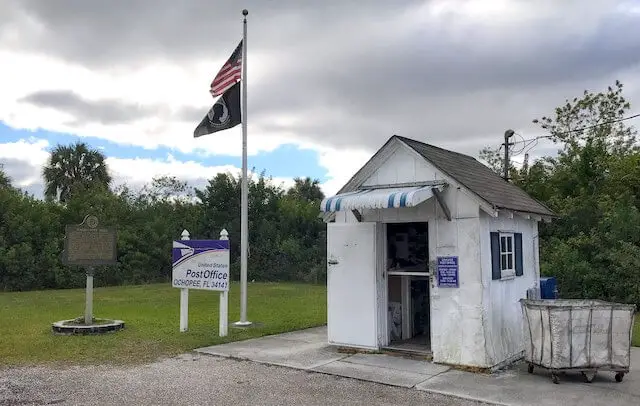 Front of the building of the smallest Post Office in the United States in Ochopee, FL