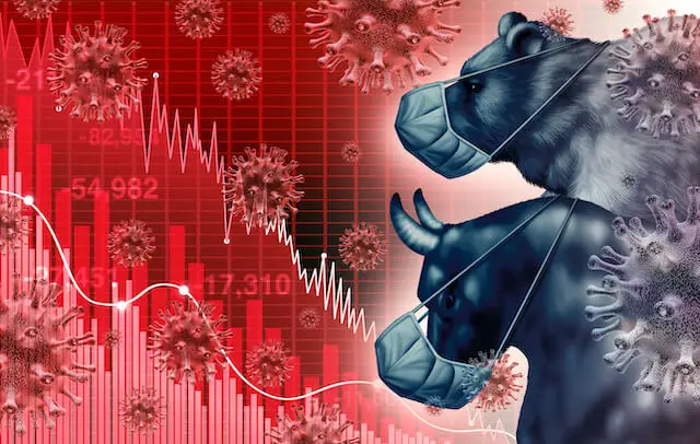 A bull and a bear wearing surgical masks look at a falling financial chart with images of coronavirus cells overlaid on top of the chart