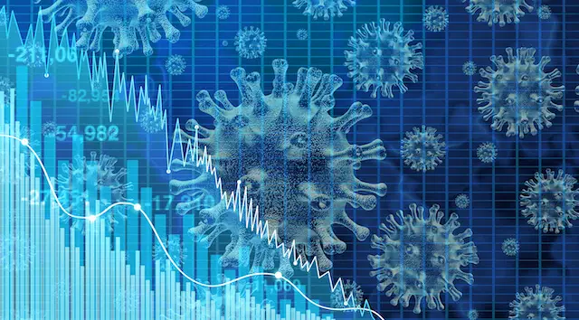 Image of coronavirus cells overlaid on top of a declining financial graph/chart