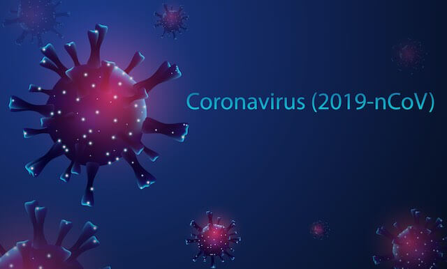 Image of a COVID-19 coronavirus cell on a dark blue background with the words 'Coronavirus (2019-nCoV)' overlaid on top