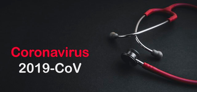 Words 'coronavirus 2019-CoV' on a black background next to a stethoscope
