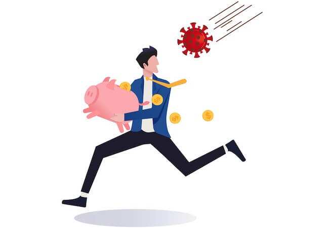 Illustration of a man holding a pink piggy bank as he flees a coronavirus cell