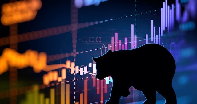 Silhouette of a bear overlaid on top of a stock market financial chart