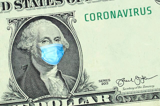 Close up of the image of George Washington on the US $1 bill wearing a face mask next to the word 'coronavirus'