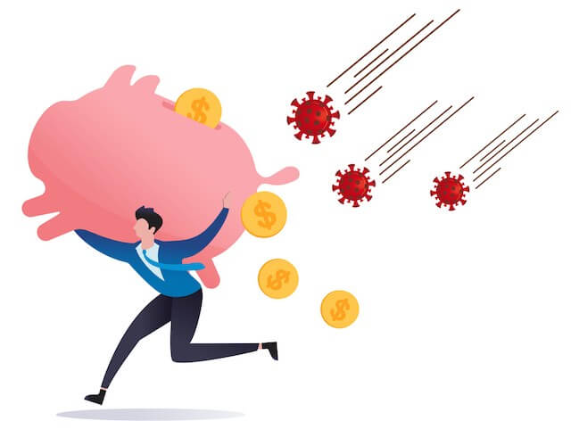 Illustration of a man carrying a pink piggy bank on his back with coins falling out of it as he runs from COVID-19 coronavirus cells falling from the sky and heading towards him