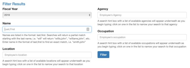 Screenshot showing the available filters when searching federal employees' salaries on FedsDataCenter.com