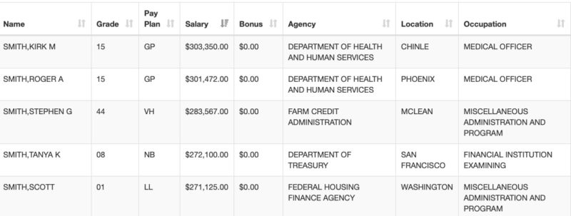 Screenshot showing search results using the federal employee salary search for name "smith" sorted by annual salary highest to lowest