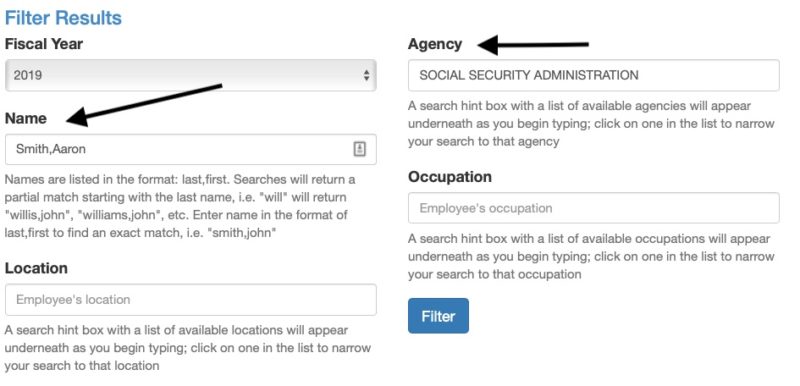 Screenshot showing the use of applied search filters to search for a federal employee's salary named 'Smith,Aaron' at the Social Security Administration using the federal employee salary search at FedsDataCenter.com