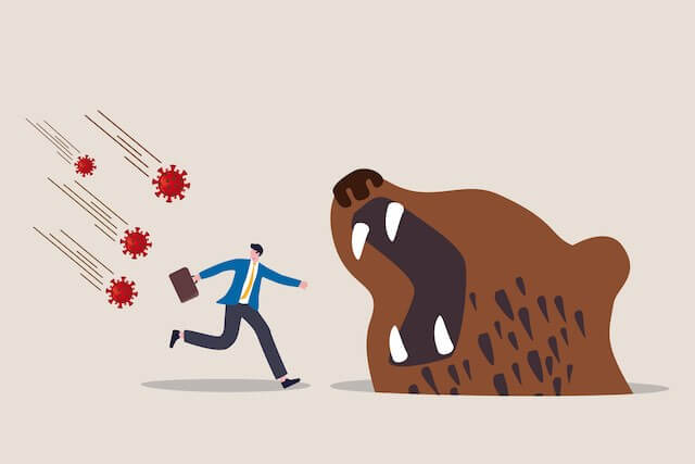 Illustration of a businessman running from COVID-19 coronavirus cells falling from the sky as a bear's head with its mouth open roaring appears to be waiting up ahead of him