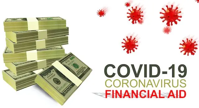 Stack of cash with coronavirus cells falling from the sky against a white background next to the words 'COVID-19 coronavirus financial aid'