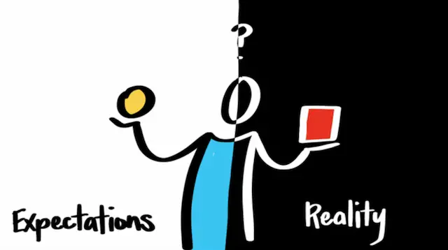 Cartoon illustration of a person holding an item in each hand with arms outspread with a question mark over his head with the word 'expectations' on one side and 'reality' on the other