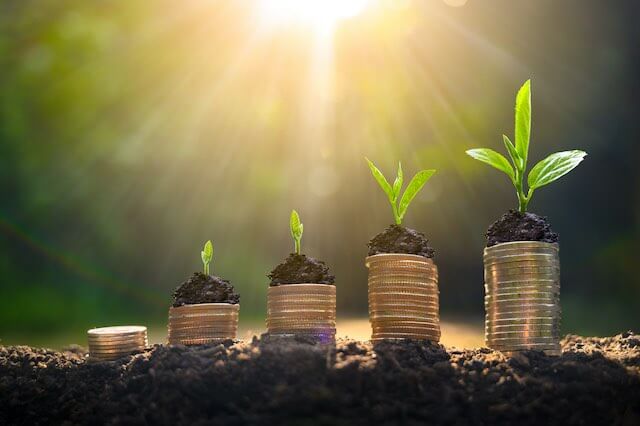 Vertical stacks of coins growing in size from left to right with dirt and a seedling sprouting out of the top of each stack in various stages of growth; the sun is shining over the coins and sprouting plant