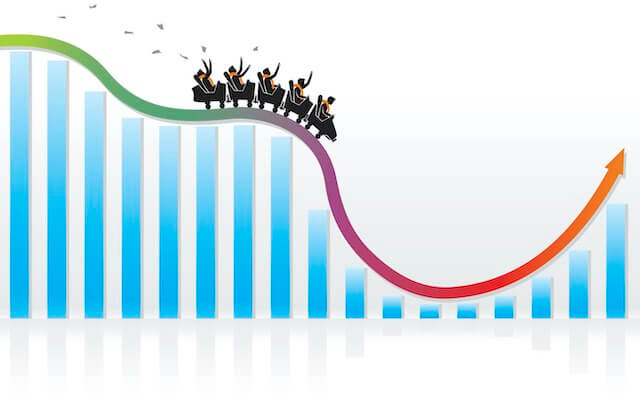 Illustration of people riding a roller coaster on top of a falling and rising bar chart depicting stock market volatility
