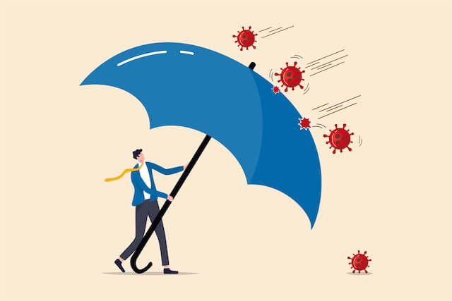 Illustration of a man holding up a large umbrella to block incoming COVID-19 coronavirus cells