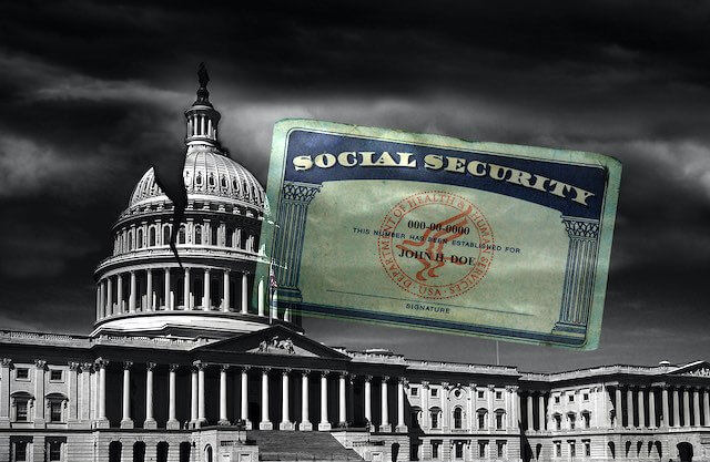Social Security card pictured next to the Capitol building in Washington, DC with a crack in it