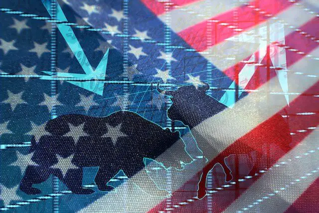 Silhouettes of a bull and a bear imposed over an American flag backdrop with a financial chart faintly visible