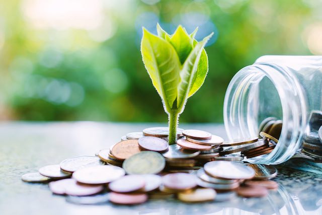 Plant growing from coins outside the glass jar on blurred green natural background