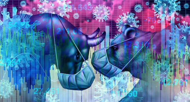 Illustration of a bull and a bear wearing face masks facing head to head overlaid on top of a financial graph and surrounded by COVID-19 coronavirus cells - stock market volatility