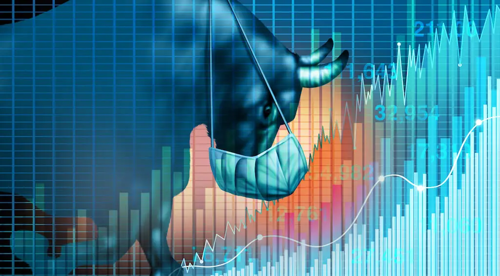 Bull wearing a face mask imposed over rising financial graph - COVID-19 bull market