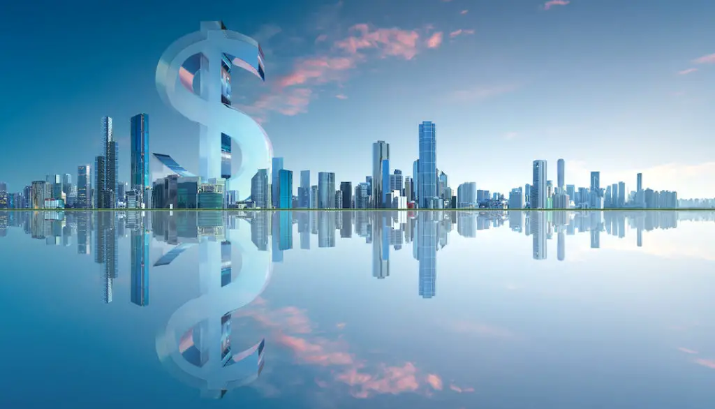 A large 3D dollar sign is pictured behind a harbor front city skyline