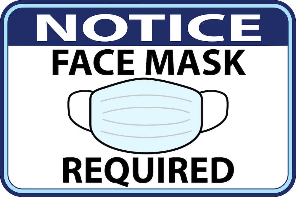 Sign reading 'Notice: Face Mask Required' with an illustration of a cloth face mask on it